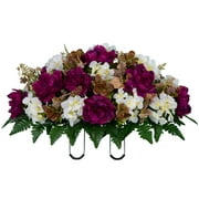 Sympathy Silks Artificial Cemetery Flowers Plum Peony and White Hydrangea Saddle for Headstone